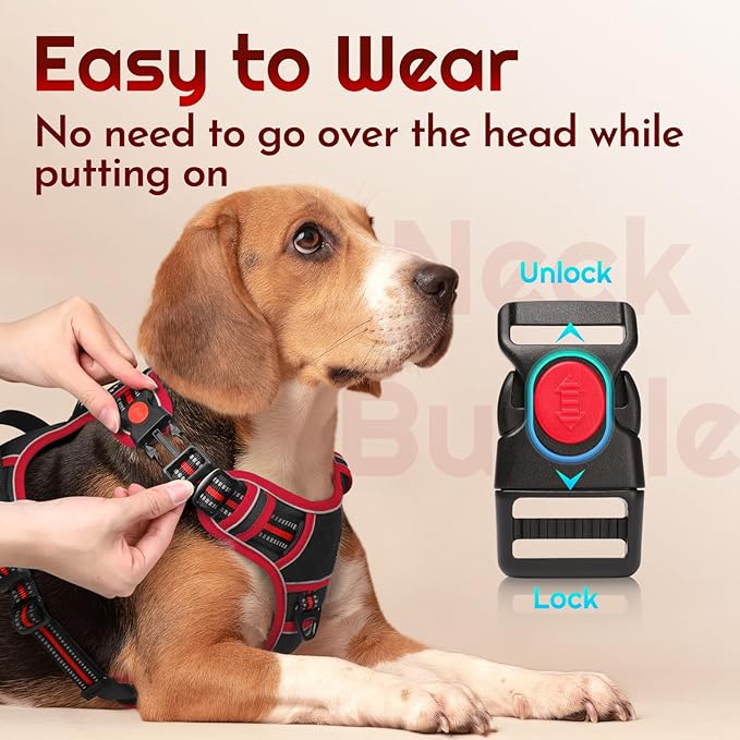 Eagloo Dog Harness Medium Sized, Easy Wearing with 3 Buckles, Adjustable No Pull Pet Harness with 2 Rings for Walking, No Chock Reflective Soft Padded Vest with Control Handle, Black & Red, M