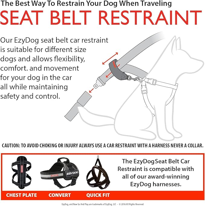 EzyDog Universal Dog Car Restraint - Dog Seat Belt Safety Lead - Abrasion-Resistant Vehicle Seatbelt Harness Attachment with Superior Strength and Nylon Webbing - Easy-to-Use Click It and Go Design