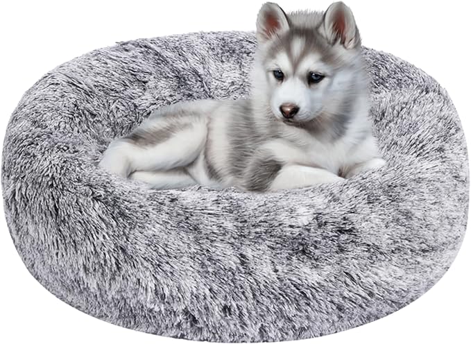 HYQ Small Dog Bed, Cat Beds for Indoor Cats, Pet Beds for Small Dogs, Fluffy Faux Fur Plush Small Dog Bed, Washable Puppy Bed with Anti-Slip Bottom, Dog Bed Small Size Dog (Gray-White, 20 Inch)