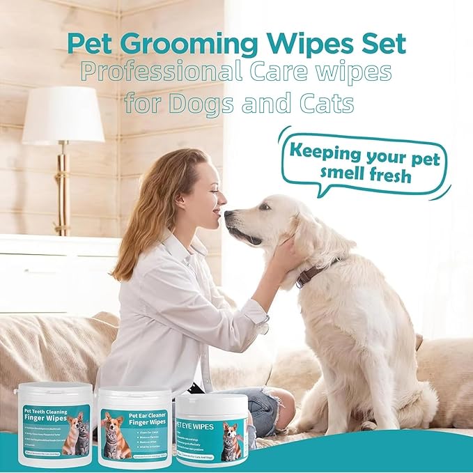 Pet Cleaning Wipes Kit For Dogs&Cats Daily Care and Traveling,includes 18 PCS Extra Thick Pet Bathing Glove Wipes,Ear/Teeth Finger Wipes and Eyes Wipes,Cleaning Deodorizing Nourish Fur,Remove Plaque&T