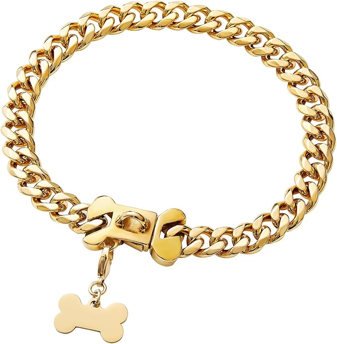 15mm Wide Strong Stainless Steel Bone Style Buckle Gold Dog Chain Collar,18K Gold Plated Cuban Link Chain Dog Necklace Collar for Small Medium Dogs - 14''