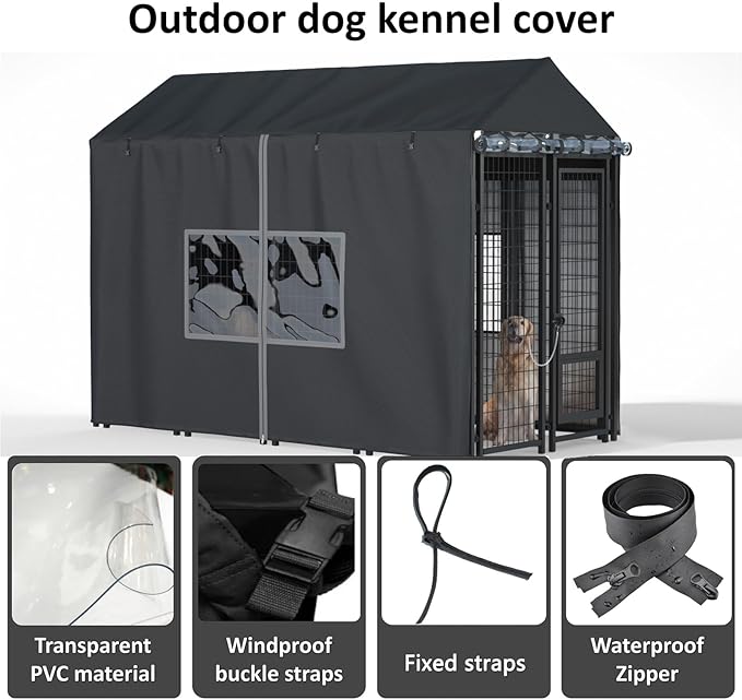 Outdoor Dog Kennel Cover - Full Coverage for 8'Dx4'Wx6'H Dog Cages, 600D Heavy Duty Waterproof Kennel Cover, Black