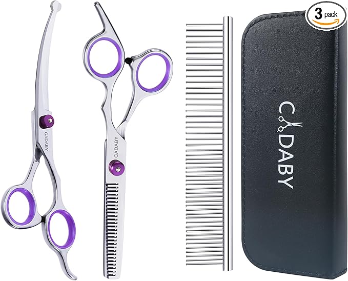 Professional Dog Grooming Scissors with Safety Round Tips, 3 in 1 Dog Grooming Scissors Kit, 4CR Stainless Steel Pet Grooming Shears for Dog, Cat,Sharp and Sturdy, Purple