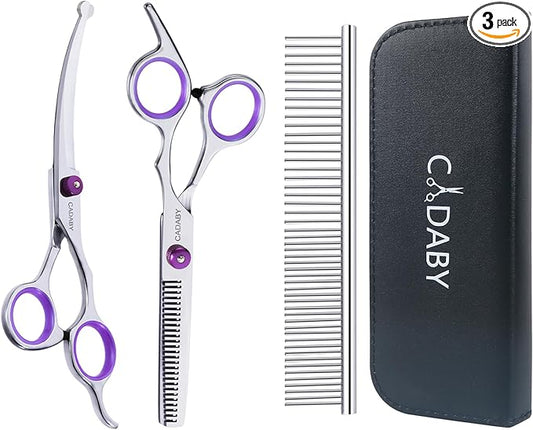 Professional Dog Grooming Scissors with Safety Round Tips, 3 in 1 Dog Grooming Scissors Kit, 4CR Stainless Steel Pet Grooming Shears for Dog, Cat,Sharp and Sturdy, Purple