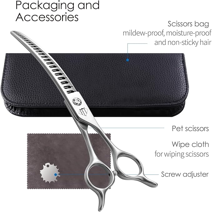 Professional Pet Grooming Scissors, Curved Chunker with Gradient Teeth, JP440C Steel, 80% Thinning Efficiency (7 inch)