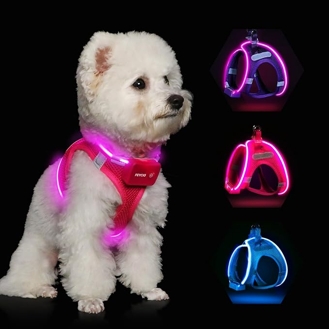 Light Up Dog Harness,LED Dog Harness Rechargeable, Lighted Dog Vest Harness for Night Walking,Reflective Safety Vest for Small Medium Large Dogs,Adjustable Soft Mesh,Pink,Large