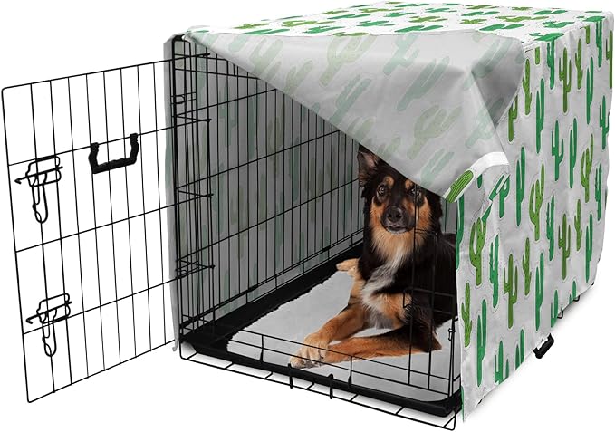 Lunarable Cactus Print Dog Crate Cover, Hand Drawn Cutout Style Cactus Plants Warm Climate Botany with Thorns, Easy to Use Pet Kennel Cover for Medium Large Dogs, 36 Inch, White Lime Green