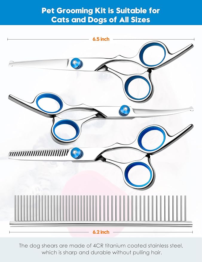 SUMFREY Dog Grooming Scissors with Safety Round Tips，Professional 5 in 1 Dog Grooming Kit ，Dog Scissors for Grooming Sharp and Durable, DGS001