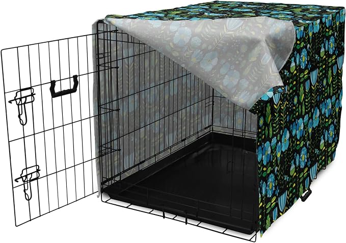 Lunarable Floral Dog Crate Cover, Abstract Flower Bouquets Dragonflies Ladybugs Butterflies on Dark, Easy to Use Pet Kennel Cover for Small Dogs Puppies Kittens, 18 Inch, Blue Green and Charcoal Grey