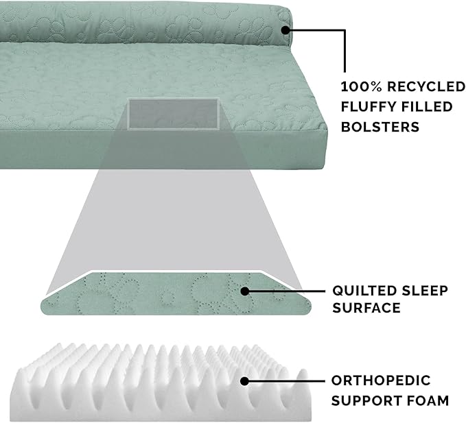 Furhaven Orthopedic Dog Bed for Medium/Small Dogs w/ Removable Bolsters & Washable Cover, For Dogs Up to 35 lbs - Pinsonic Quilted Paw L Shaped Chaise - Iceberg Green, Medium