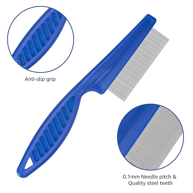 Flea Comb for Cats Dog Comb Lice Comb Metal Teeth Durable Tear Stain Dog Combs Remove Float Hair Combing Tangled Hair Dandruff Pet Comb Grooming Set 3 Pieces Add Storage Pouch (Blue)