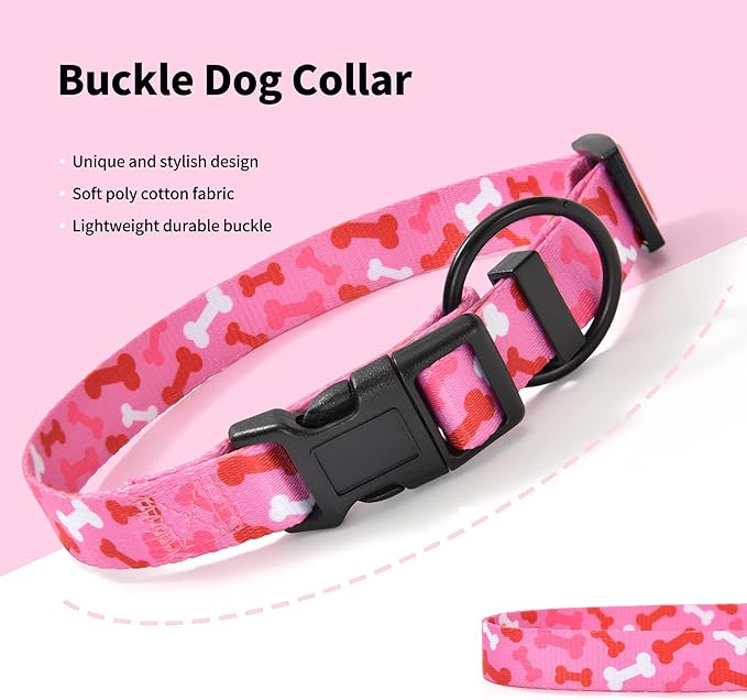 Mile High Life Dog Collar | Nylon Puppy Collars w Cute Patterns | Lightweight Girl Dog Collar | Boy Dog Collar for Small/Medium/Large Dogs (Pink Bone, Large)