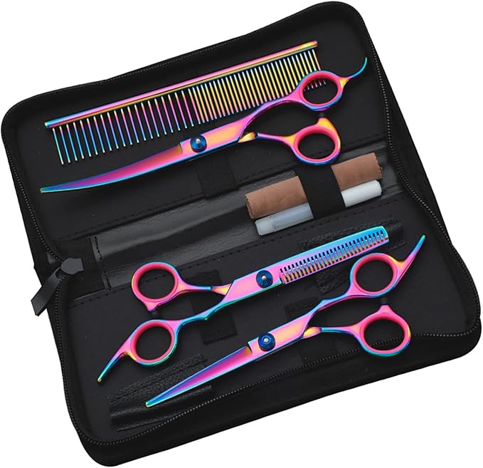 Pet Grooming Scissors Set, 7 in 1 Dog Grooming Scissors Set with Storage Box, Includes Straight & Thinning & Curved Scissors