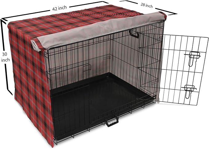 Lunarable Buffalo Plaid Dog Crate Cover, Arrangement with Lumberjack Themes Geometric Concept Pattern Print, Easy to Use Pet Kennel Cover for Medium Large Dogs, 42 Inch, Vermilion and Grey