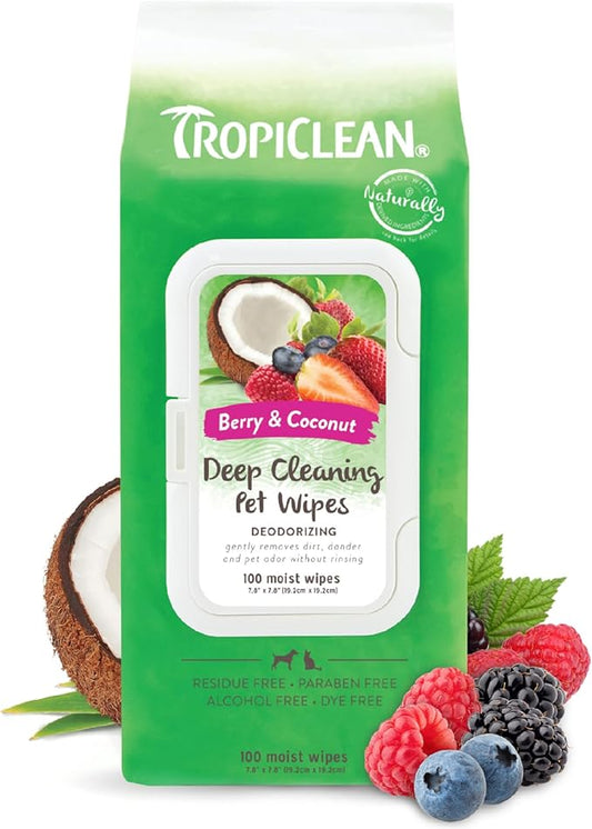 TropiClean Dog Wipes for Paws, Butt, Face, and Body, Anytime Cleaning and Deodorizing Pet Wipes, Safe for Licking, Berry Scent, Cat Safe, 100ct