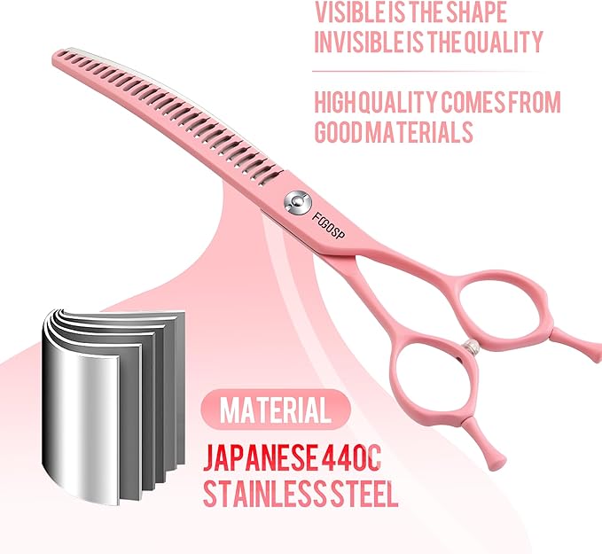 Curved Chunkers Dog Grooming Scissors 7.5" Macarone Series Professional Pet Grooming Shears for Large Dogs Pets Japan 440C Stainless Steel Sharp & Durable(Pink, 30Teeth Curved Thinners)