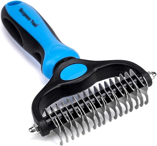 Pet Grooming Brush - Double Sided Shedding and Dematting Undercoat Rake Comb for Dogs and Cats,Extra Wide, Blue, Dog Grooming Brush, Dog Shedding Brush (A. Grooming Brush)