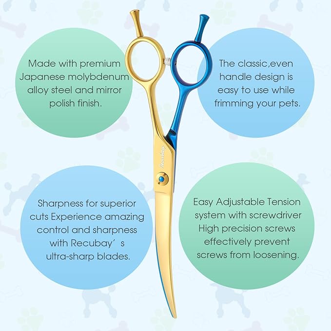 Dog Cat Scissors for Grooming, Pet Shears for Thick Coats and Matted Hair, Thinner Curved Straight Chunker Stainless Steel Shears