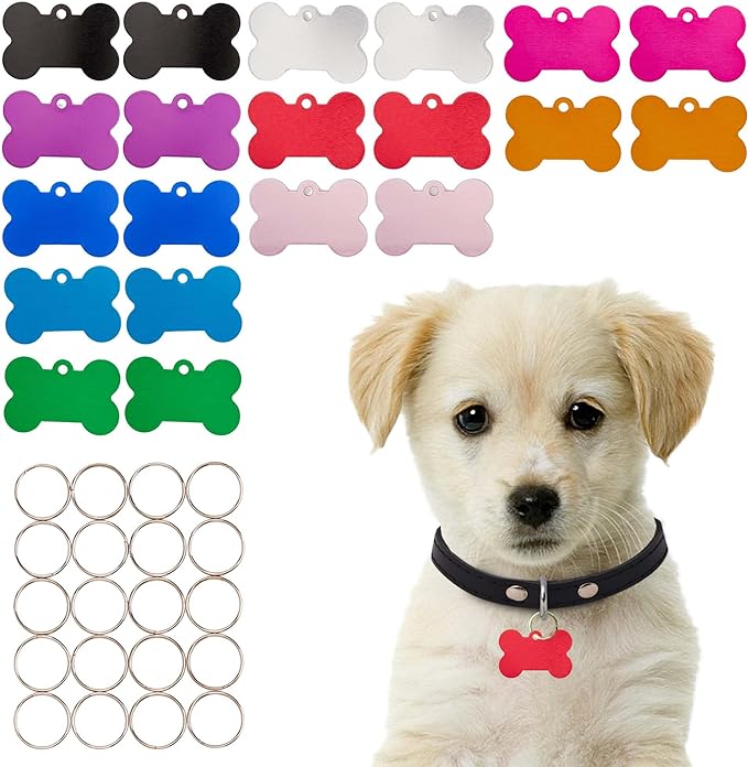 [Press TX Art] 40 Pcs Round(Circle), Bone, Rectangle, Heart Anodized Aluminum Stamping Blanks Tags 10 Mixed Colors Metal Engraving ID Name Tags with Rings (Bone in 10 Colors)