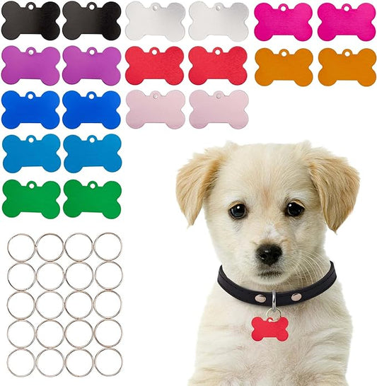 [Press TX Art] 40 Pcs Round(Circle), Bone, Rectangle, Heart Anodized Aluminum Stamping Blanks Tags 10 Mixed Colors Metal Engraving ID Name Tags with Rings (Bone in 10 Colors)