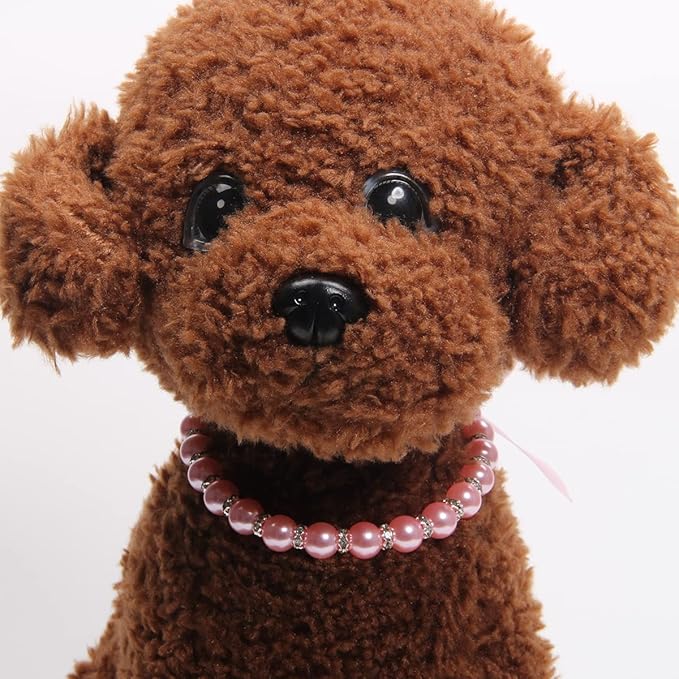 Dog Cat Pearls Necklace Collar with Bling Accessories and Ribbon Bow Pet Puppy Jewelry for Female Dogs Cats Small Medium (L, Pink)