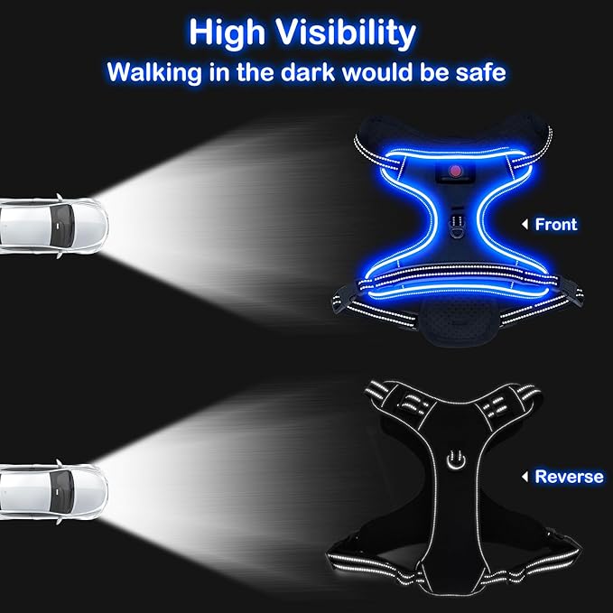 Light Up Dog Harness No Pull LED Dog Harness with Handle Vizbrite Rechargeable Lighted Dog Vest Harness for Small/Medium/Large/X-Large Size Dogs No Pull, 4 Point Adjustable Dog Harness