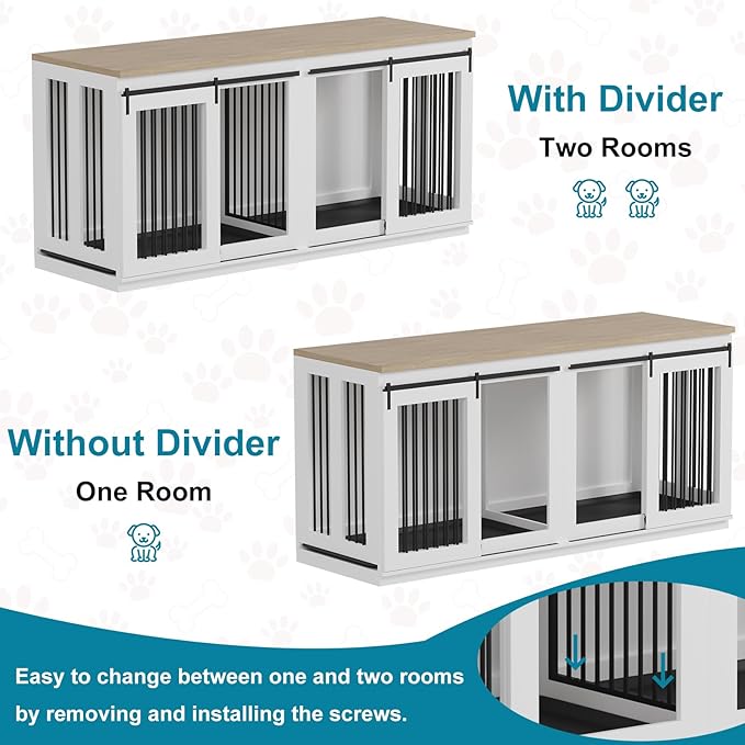 Large Dog Crate Furniture, 71" Wooden Dog Kennel for 2 Dogs, Heavy Duty Furniture Style Dog House with Divider & 2 Trays,Decorative Dog Crate Table Indoor Tv Stand