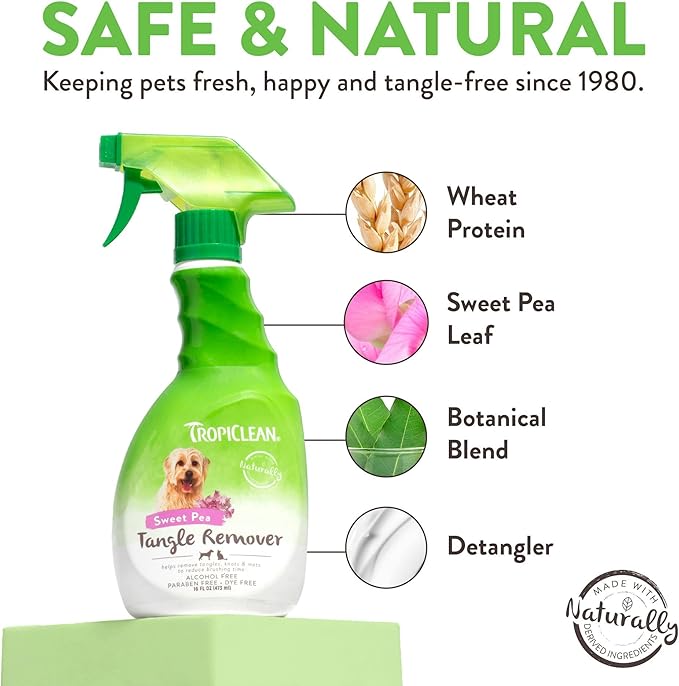 TropiClean Dog Detangler Spray Dematting, Leave in Conditioner, Perfect for Doodles & All Coat Types, Sweet Refreshing Scent, Made in the USA, 16 oz.