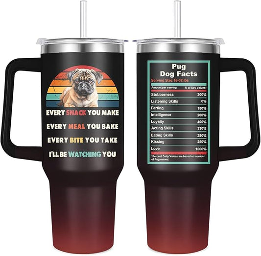 Pug Tumbler for Dog Owner Gift,Pug Water Bottle with Handle Insulated Reusable Stainless Steel 40oz (Pug)