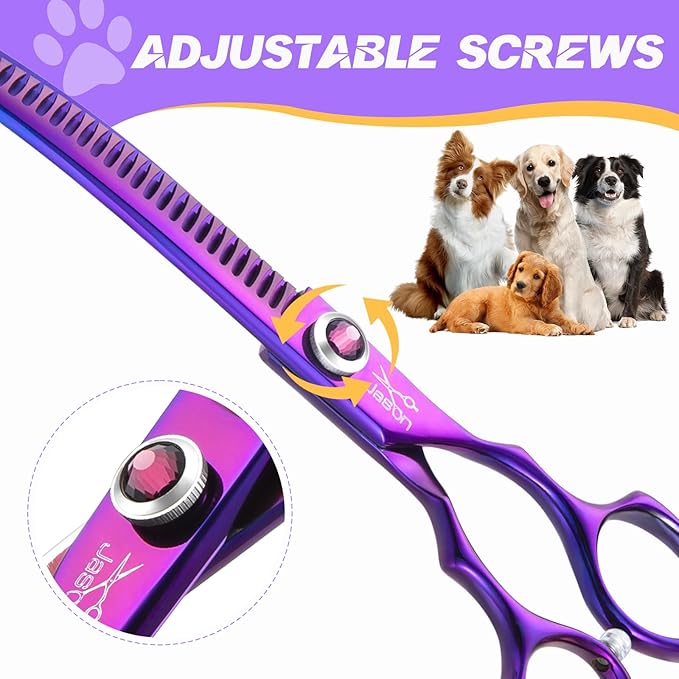 JASON 7.5" Curved Chunkers Shears - Professional Dog Scissors for Grooming, Japanese 440C Stainless Steel Blender Shears with Diamond Adjustable Screw (35 Teeth, Purple)