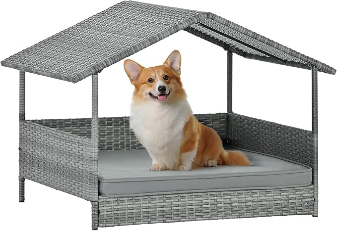 32" Wicker Dog House with Canopy, Indoor/Outdoor Elevated Rattan Dog Bed with Water-Resistant Soft Cushion, Large Outside Raised Dog Shelter with Roof for Small, Medium, and Large Dogs, Gray