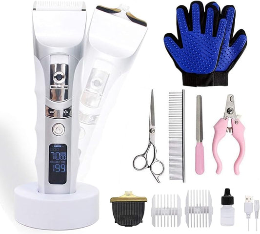 JAKEMY Dog Clippers Low Noise Pet Clippers Rechargeable Dog Trimmer Cordless Pet Grooming Tool with Pet Glooming Glove Comb Guides Scissors Nail Kits LED Screen for Dogs Cats & Others