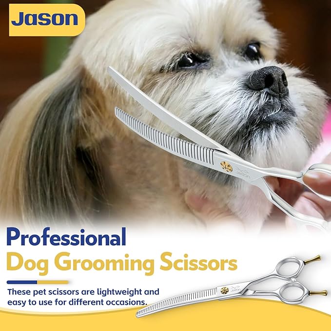 JASON Dog Thinners for Grooming - 7" Down-curved Blender Scissors with 30%-35% Thinning Rate, Japanese 440C Stainless Steel Dog Grooming Thinning Shears with Adjustable Screw (40 Teeth, Silver)