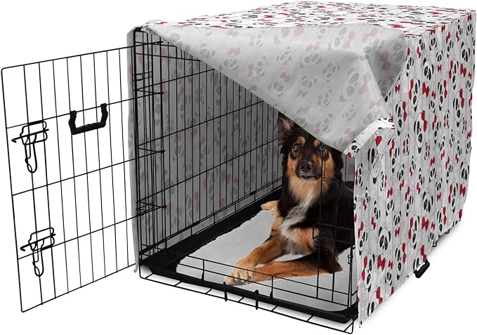 Lunarable Panda Dog Crate Cover, Funny Pattern of Asian Bear Animal in Romantic Bow Tie Cartoon Design, Easy to Use Pet Kennel Cover for Medium Large Dogs, 36 Inch, Pale Grey Black and Red