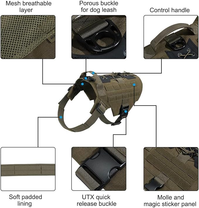 EXCELLENT ELITE SPANKER Dog Harness Tactical Military Dog Harness Adjustable No-Pull Dog Harness Training Hunting Dog Tactical Vest with Handle (L, Ranger Green)