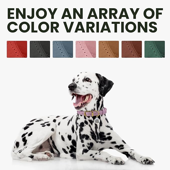 BRONZEDOG Rolled Leather Dog Collar with QR ID Tag Adjustable Soft Round Collars for Small Medium Large Dogs Puppy Cat (7" - 10" Neck Size, Violet)