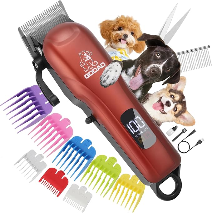 Dog Clippers for Grooming, Cordless,Low Noise, Electric Quiet,Rechargeable, Pet Hair Clippers for Thick Coats, Dog Trimmer Grooming Kit, Shaver for Small and Large Dogs Cats,Red