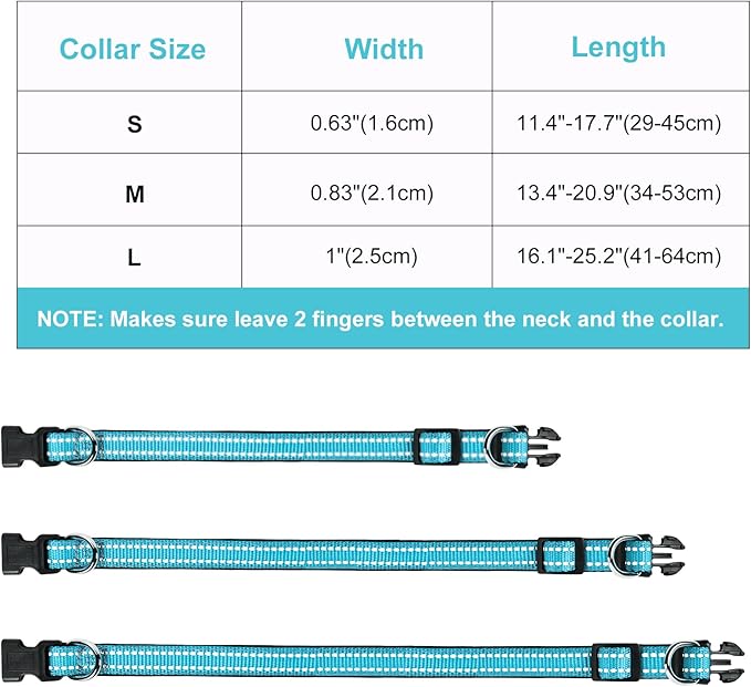 AUAUY Reflective Nylon Dog Collars, Adjustable Classic Pet Collars with Soft Neoprene Padding, Double Security Dual D-Ring and Quick Release Buckle for Small Puppy, Medium and Large Dogs (Lake Blue-L)