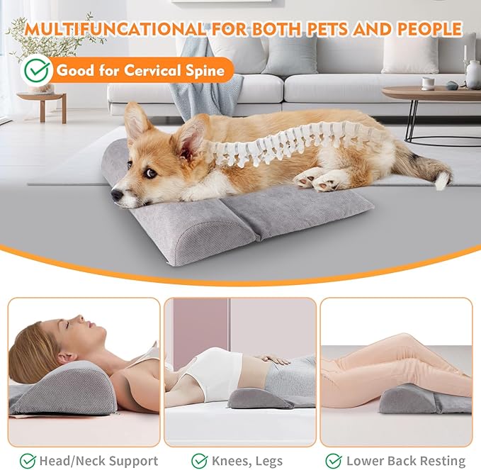 Dog Bolster Pillow with High Resilience Foam, Headrest for Large Dogs, Benefit for Cervical Vertebra and Neck, Easy to Carry, Machine Washable Cover＆Easy to Clean(Grey)