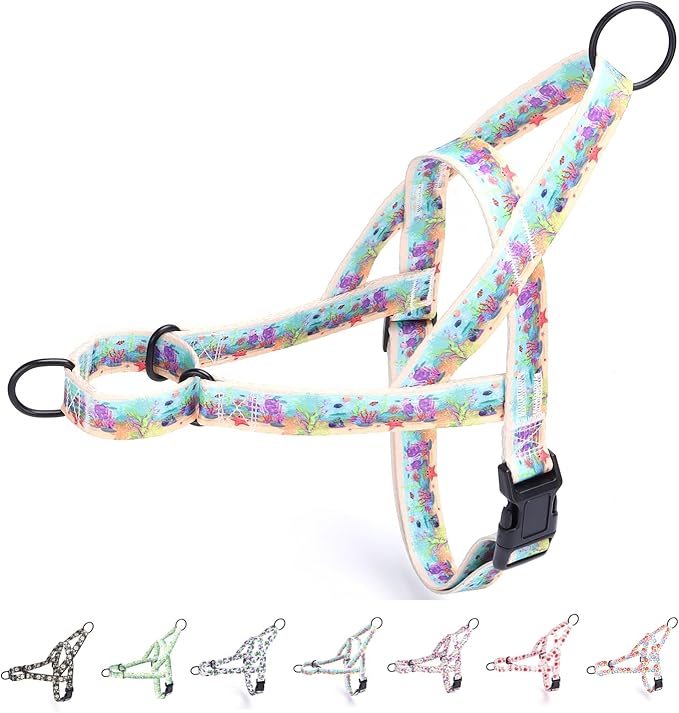 No Pull Dog Harness for Small, Medium, and Large Pets - Floral Pattern Nylon Safety Training Dog Harness (M, Ocean)