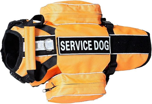 Service Dog Harness, Saddle Bag Backpack Carrier Outdoor Travel Hiking Camping Harness, Removable Saddle Bags and Patches (Orange, M Girth 20-24")