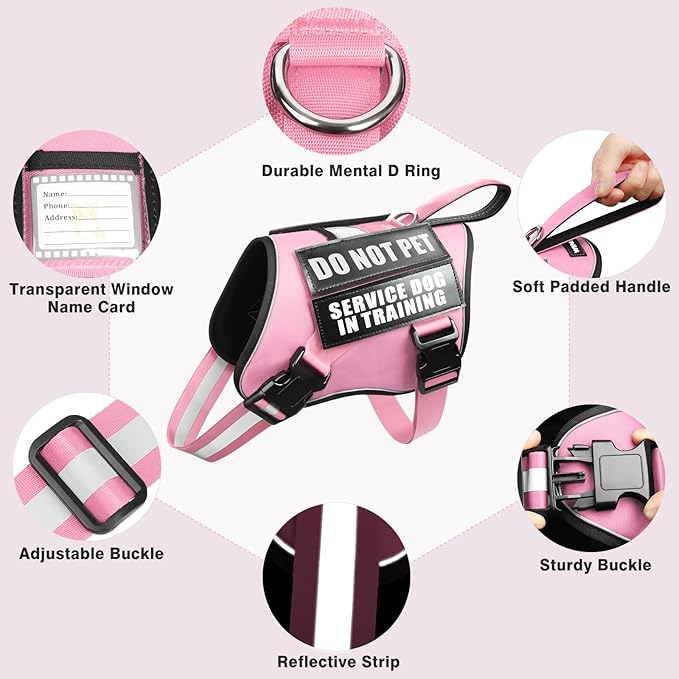 Service Dog Harness and Leash Set, Training Dog Vest with 10 Dog Patches, Emotional Support Therapy Dog Vest Harness for Small Medium Large and Extra Large Dogs(Pink, M)