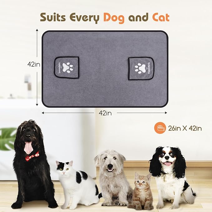 Nobleza Super Absorbent Large Dog Towels with Hand Pockets, Soft Microfiber Quick Drying Dog & Cat Bath Towel, Gray