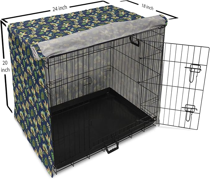 Lunarable Jacobean Dog Crate Cover, Triangles with Floral Pattern Stalks Leaves Flowers Whimsical Nature, Easy to Use Pet Kennel Cover for Cats & Medium Dogs, 24 Inch, Dark Blue Green Mustard