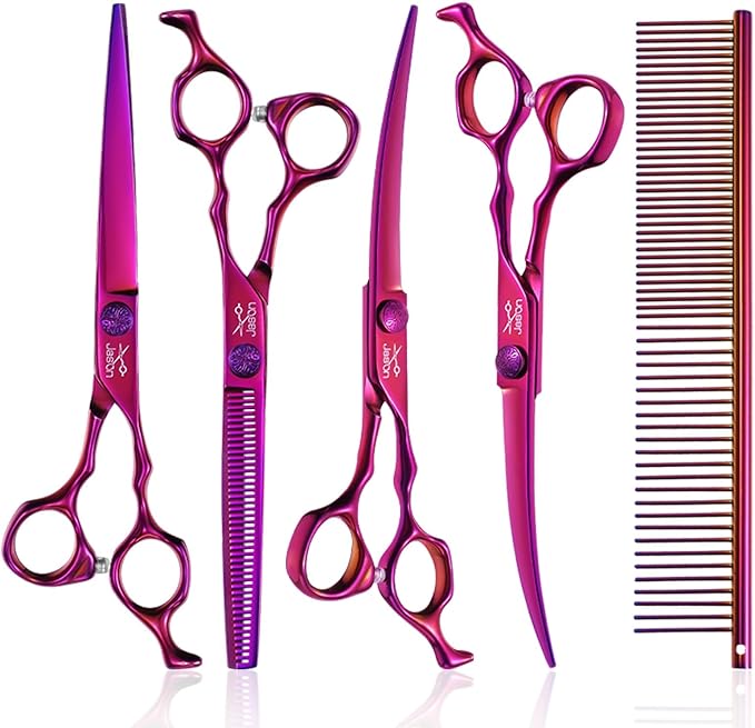 JASON Dog Grooming Scissors Set - Professional 6 in 1 Dog Shears Set - 7" Thinning Scissors, 7" Straight, 7" Up-Curved, 7" Down-curved Scissors and Comb for Dog Cat Pet with Adjustable Screw