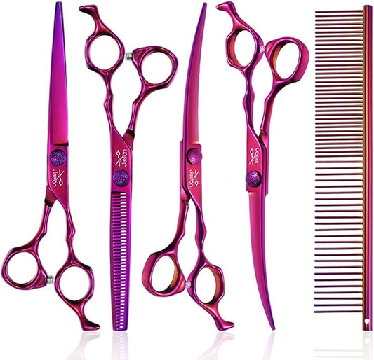 JASON Dog Grooming Scissors Set - Professional 6 in 1 Dog Shears Set - 7" Thinning Scissors, 7" Straight, 7" Up-Curved, 7" Down-curved Scissors and Comb for Dog Cat Pet with Adjustable Screw