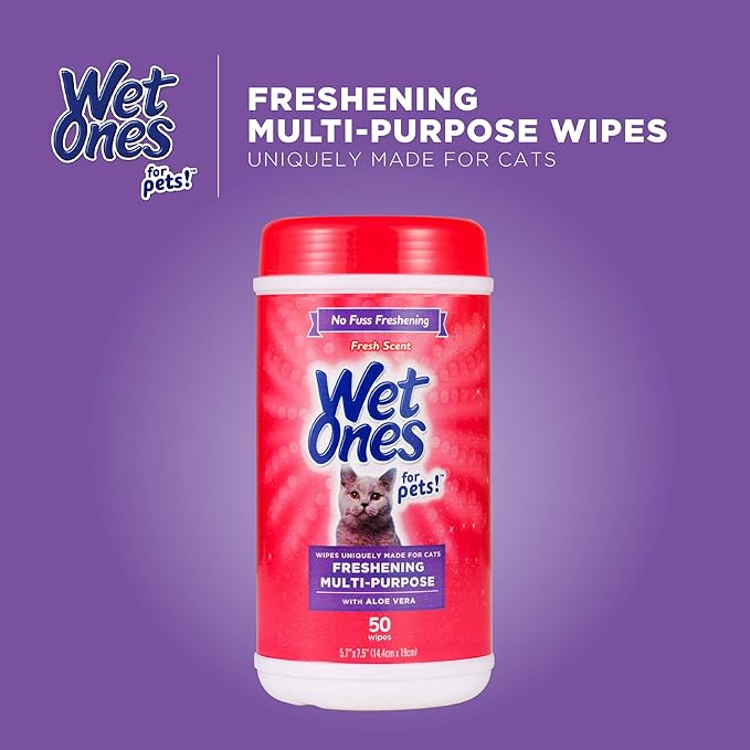 Wet Ones for Pets Freshening Multipurpose Wipes for Cats with Aloe Vera, 50 Count- 3 Pack | Easy to Use Cat Cleaning Wipes, Freshening Cat Grooming Wipes for Pet Grooming in Fresh Scent (FF12853PCS3)