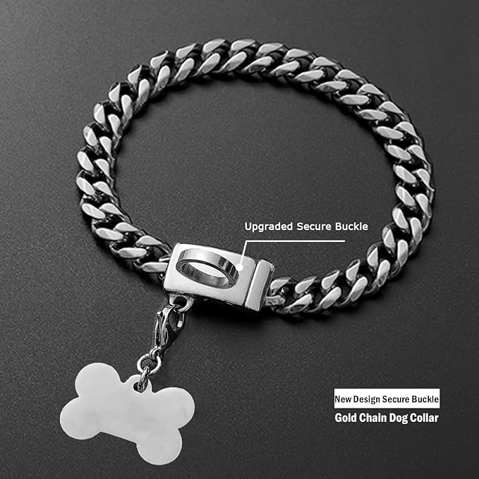 Strong Stainless Steel Silver Cuban Link Dog Chain Collar,Pet Necklace Walking Collar for Small Dogs,Cats(Length - 12'')