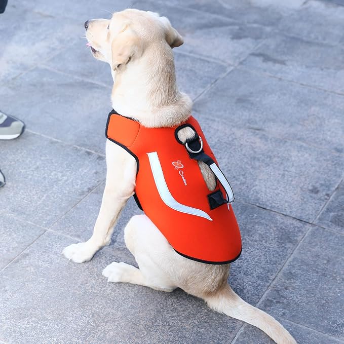 Coodeo Dog Hunting Vest Orange, Camo and Reversible Reflective Dog Tactical Harness Hound Jacket for Protection and Security, 4.5mm Neoprene Waterproof Safety Dog Vest Both Sides to Wear (Medium)