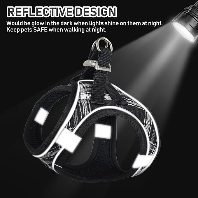 GAMUDA Small Dog Harness Collar and Leash Set, Step in No Chock No Pull Soft Mesh Adjustable Dog Vest Harnesses Plaid Reflective for Dogs Puppy Cats Kitten Rabbit (Black, XS)